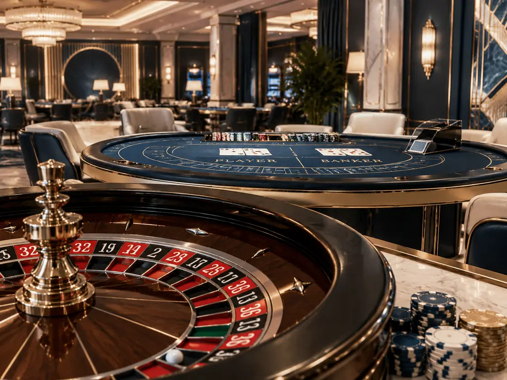 Roda roulette dan meja kartu dalam ruang kasino